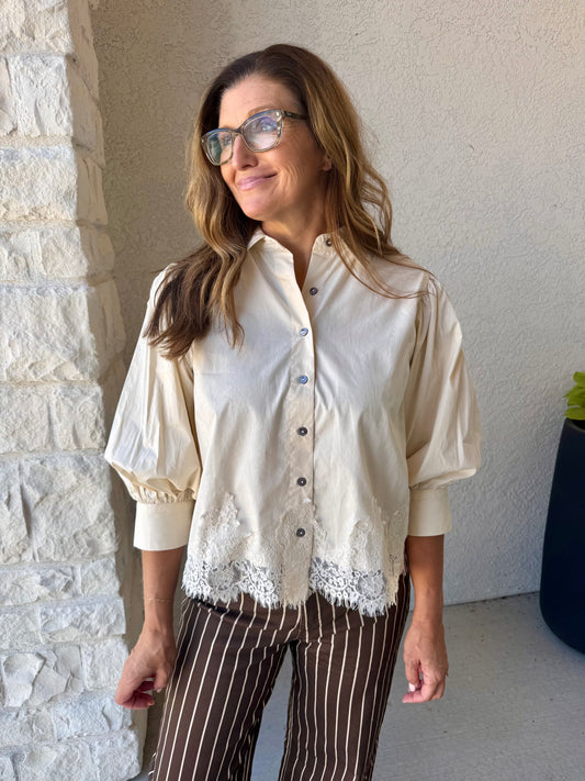 Ecru Lace Hem Button Down Top