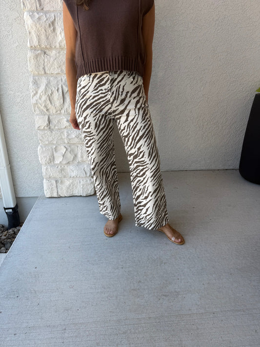 Tiger Print Wide Leg Pants Ecru and Brown