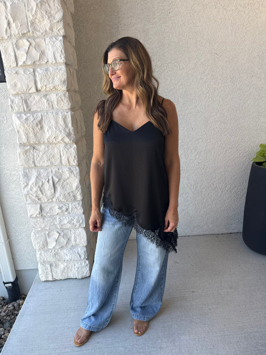 Asymmetrical Crinkled Satin Cami Tunic: Black