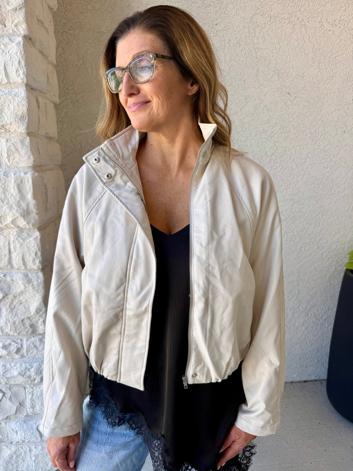 Cream Faux Leather Bomber Jacket