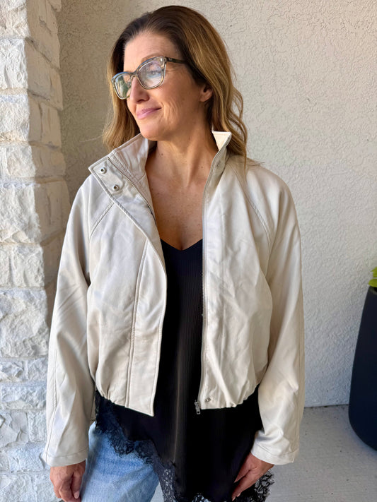 Cream Faux Leather Bomber Jacket