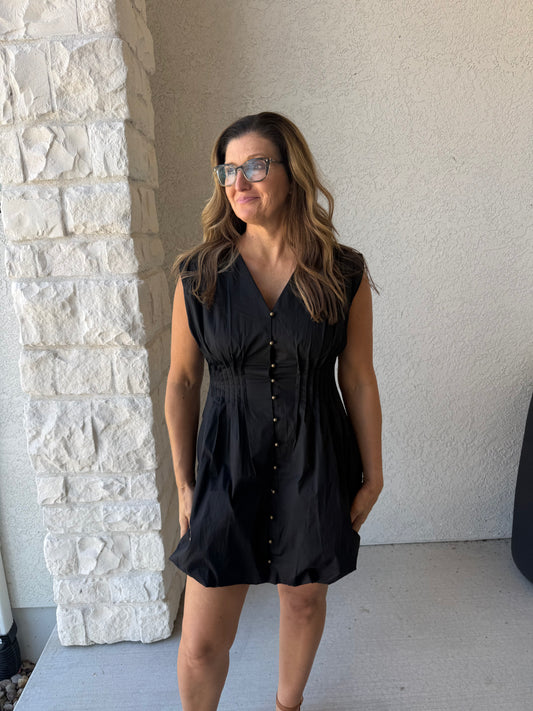 Pleated button Bubble Mini Dress