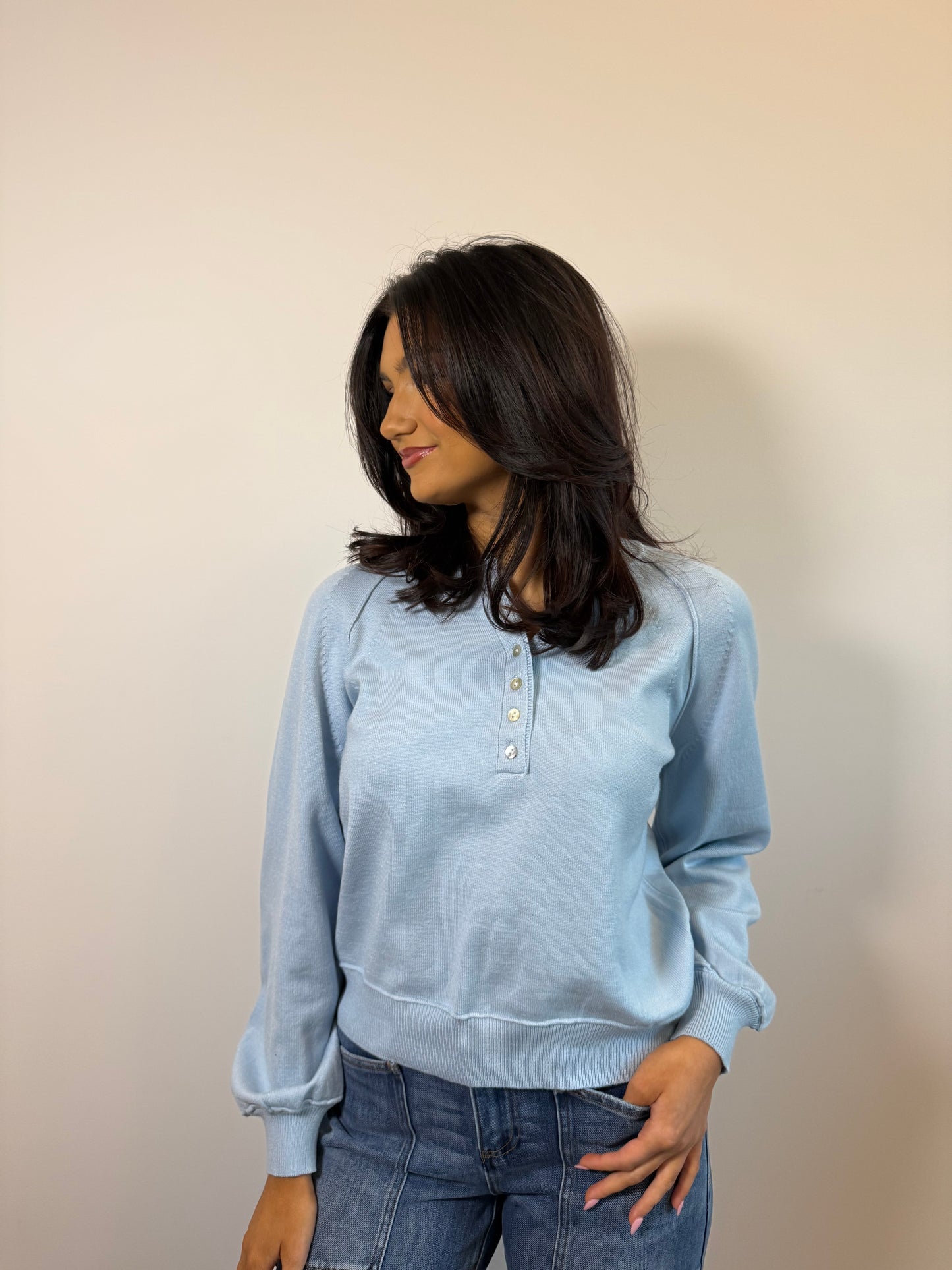 Puff sleeve henley sweater