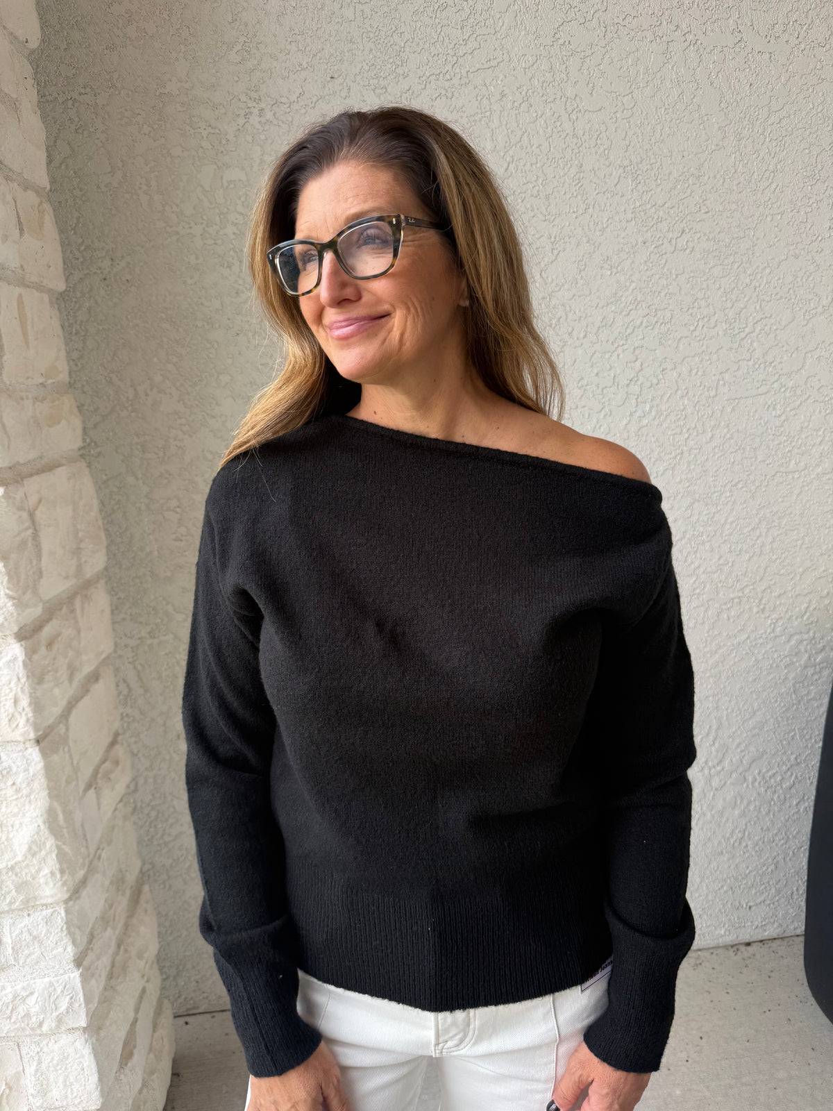 Off The Shoulder Sweater Top- BLACK