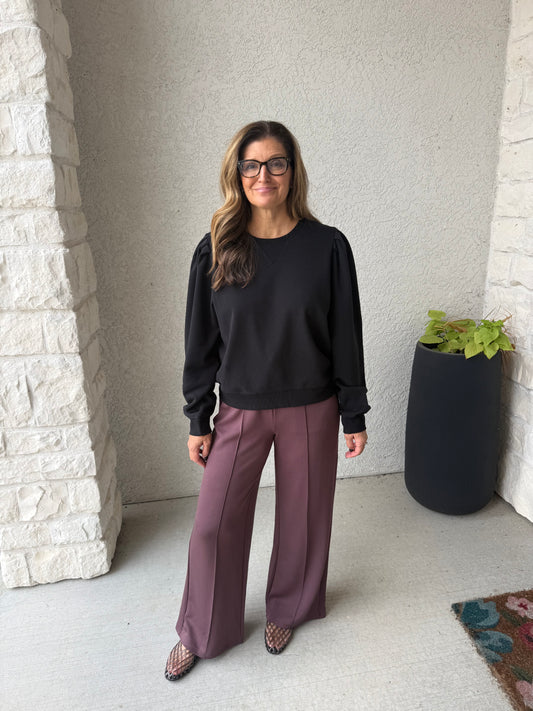Drawstring Waist Pintuck Wide Leg Pants- Maroon