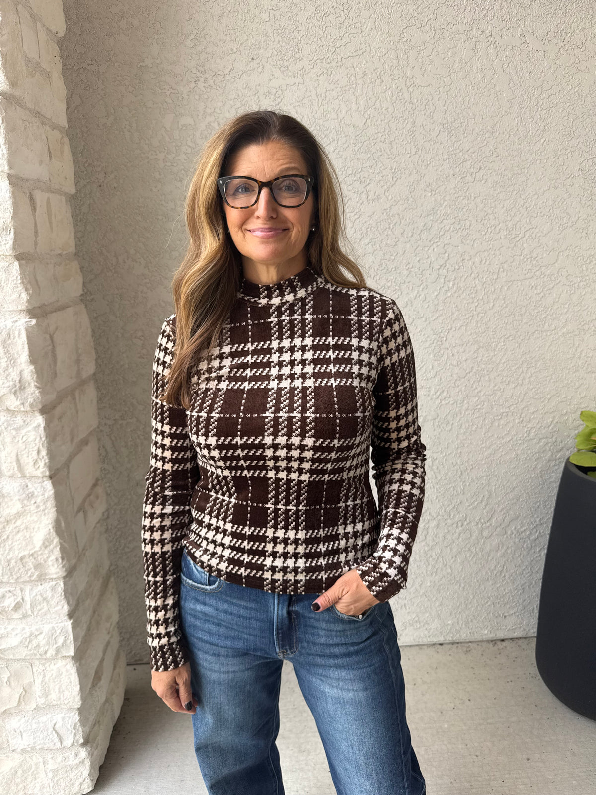 Burnout Velour Plaid Mock Neck Top