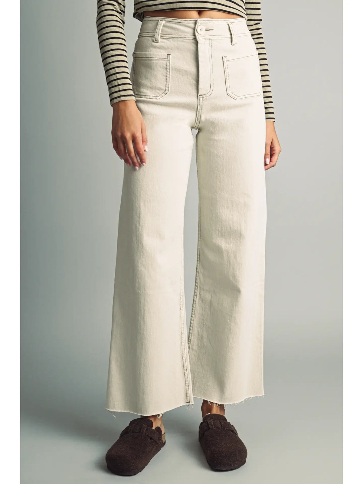Beige Wide Leg Pants with Front Pockets
