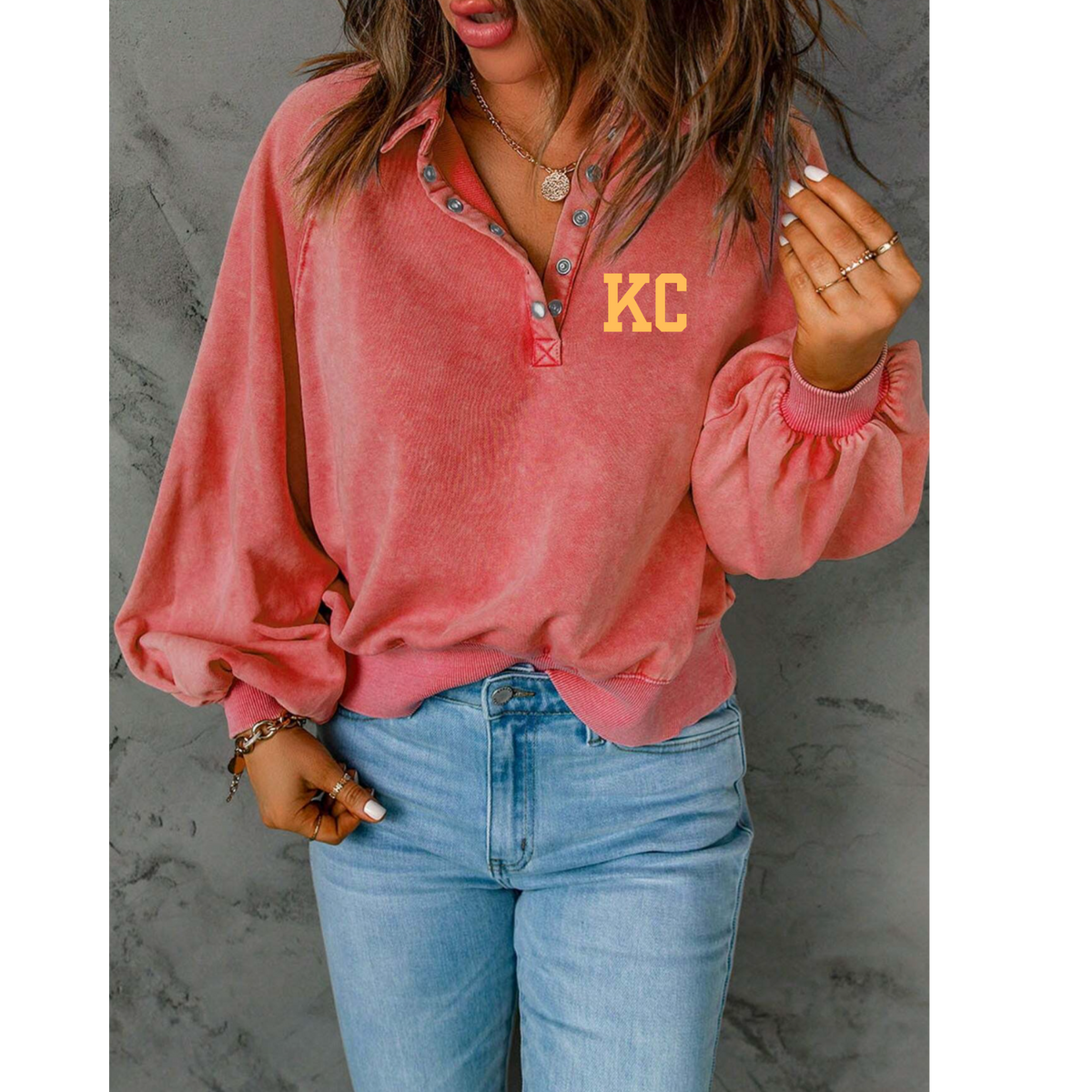 Kansas City Vintage Red Button Balloon Sleeve Pullover
