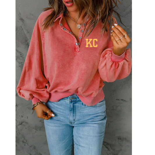 Kansas City Vintage Red Button Balloon Sleeve Pullover