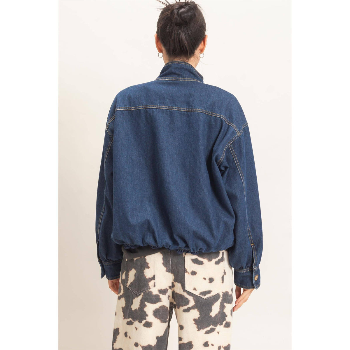 High Collar Denim Bomber Jacket: DARK DENIM