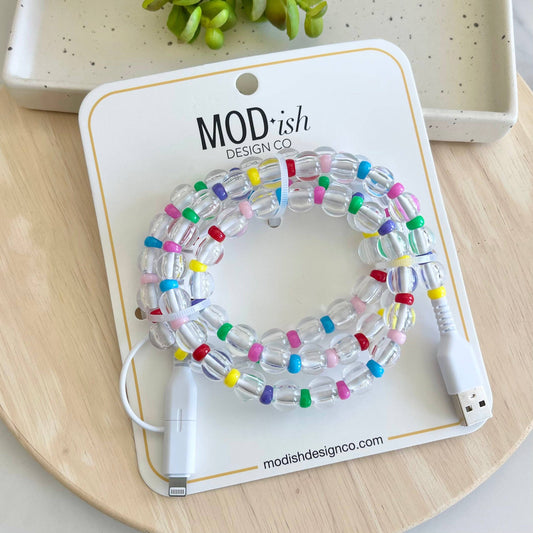 Beaded Phone Charger - Clear Rainbow 3 FT