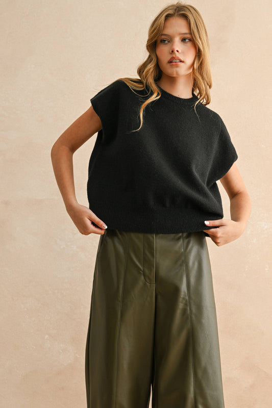 LOOSE FIT SHORT SLEEVE SWEATER : Black