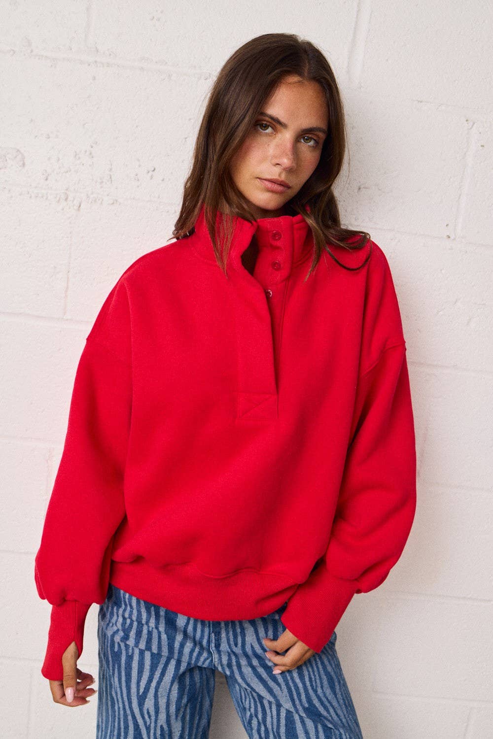 Half Button-Up Relaxed Fit Pullover: Red