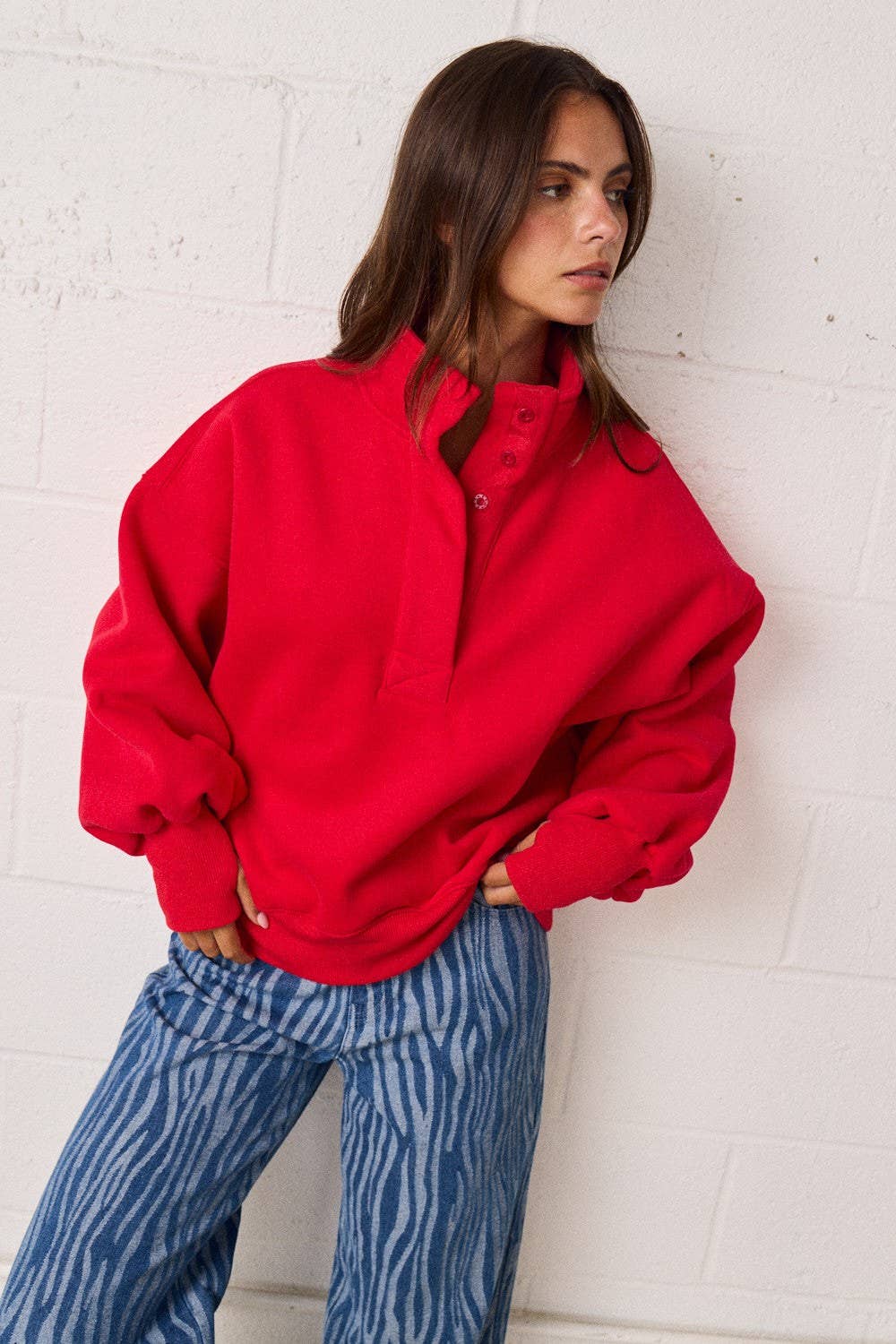 Half Button-Up Relaxed Fit Pullover: Red