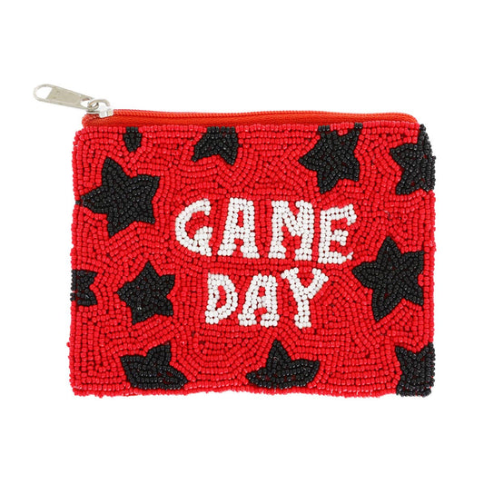 Game Day Seed Bead Beaded Zipper Coin Bag : Red Black