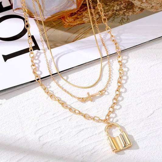 CROSS AND LOCK CHARM LAYERED NECKLACE  Gold