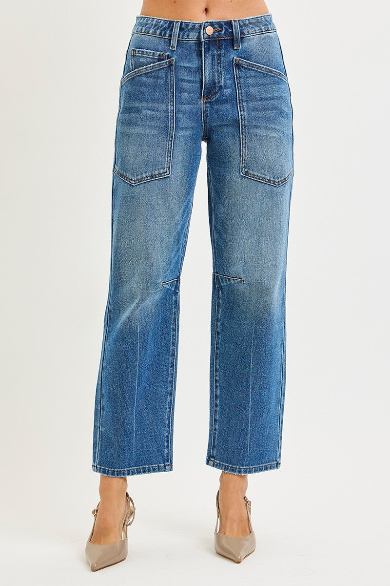 Risen Mid Rise Barrel Patch Pocket Jeans Dark