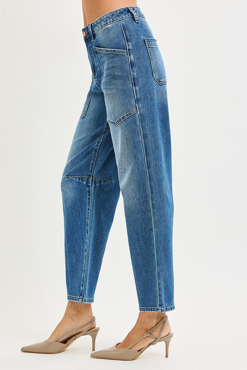 Risen Mid Rise Barrel Patch Pocket Jeans Dark