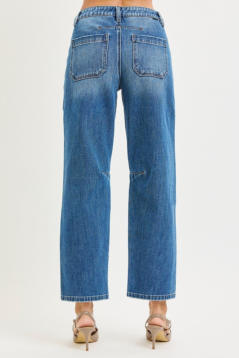 Risen Mid Rise Barrel Patch Pocket Jeans Dark